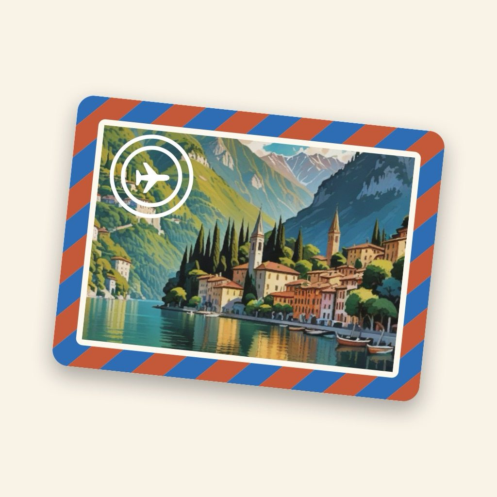 Trip Postcards app icon — a painted postcard with an airmail border