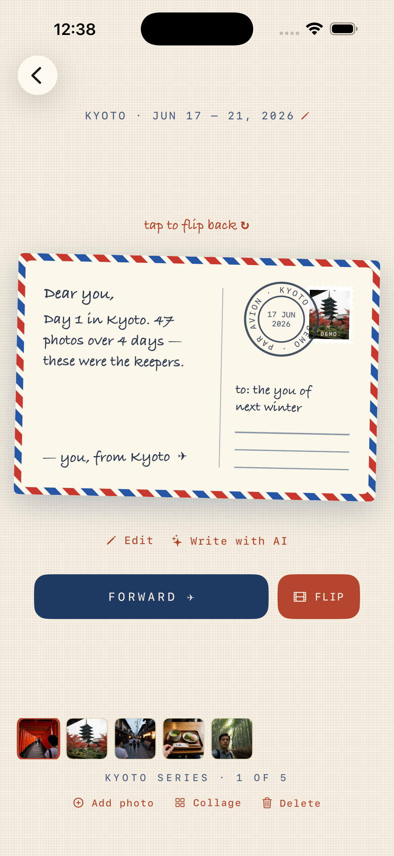 The postcard back with its handwritten note