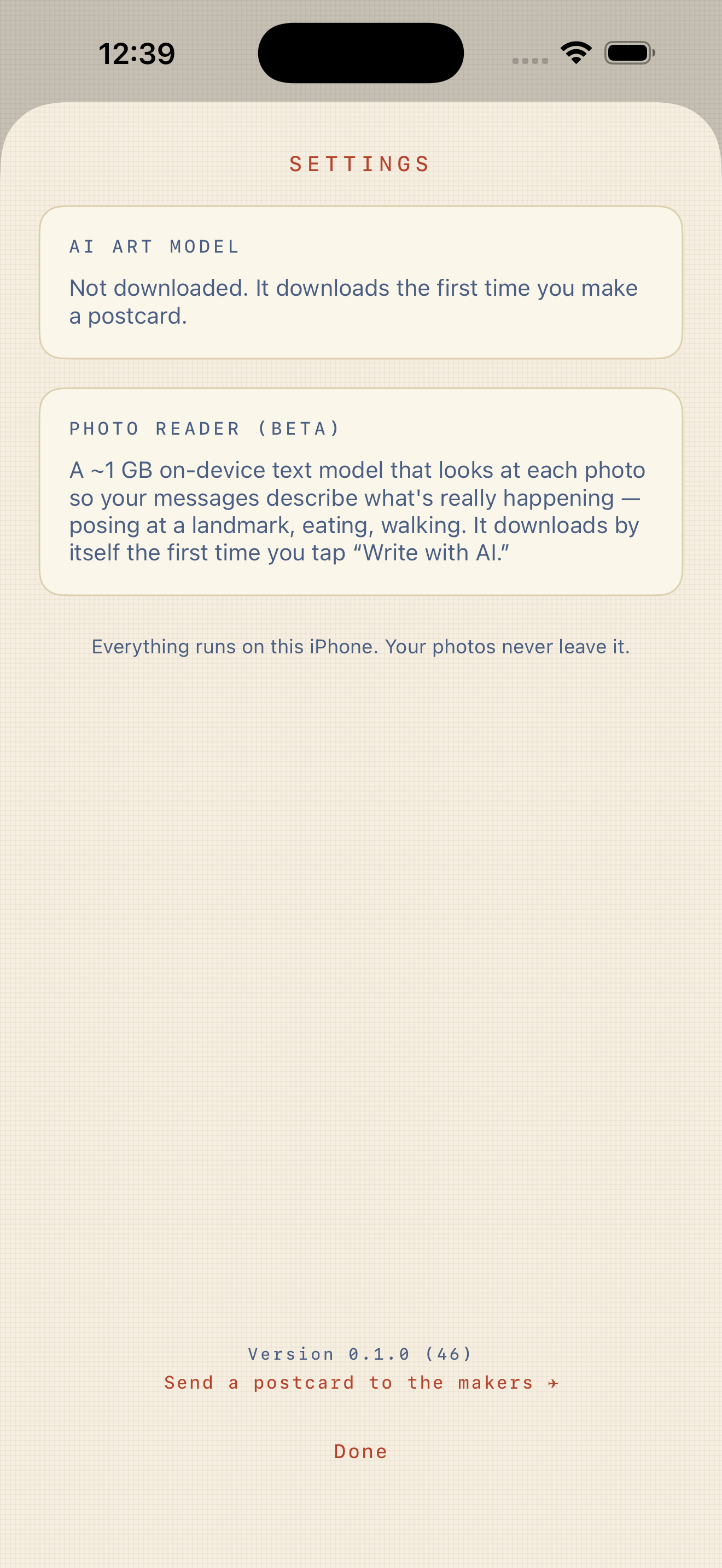 Settings screen showing the on-device AI models and full user control